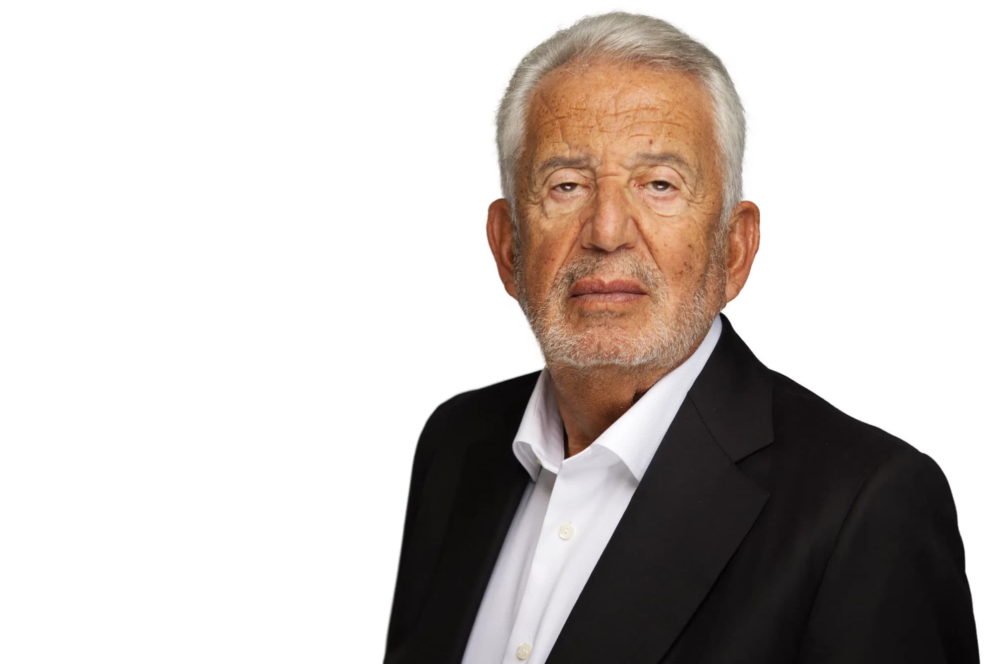 Executive portrait of a senior businessman in a dark suit, white background, Sydney