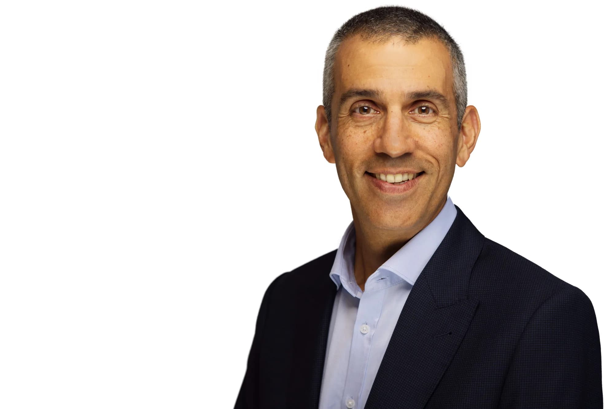 Executive headshot of a man in a dark blazer, white background, Sydney